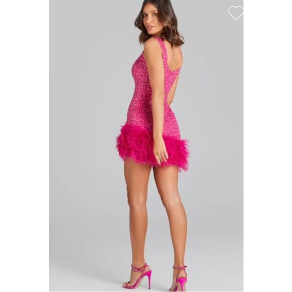 NADINE MERABI Hot Pink Evie Sequin Feather Trim Mini Dress Sz 6 Small Prom - Picture 5 of 16